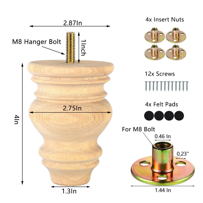 Michanco 4 Inch Unfinished Bun Feet for Couch Sofa Cabinet Ottoman DIY Replacement Wood Furniture Legs Set of 4 M8 Bolt Screw in - Image 5